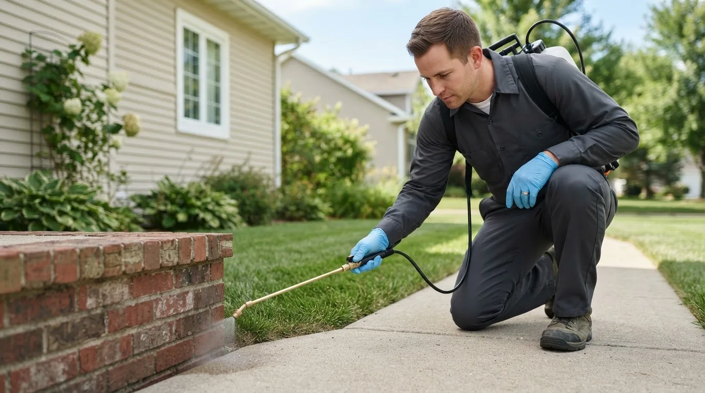 Pest control technician treating a home near Stark, KS