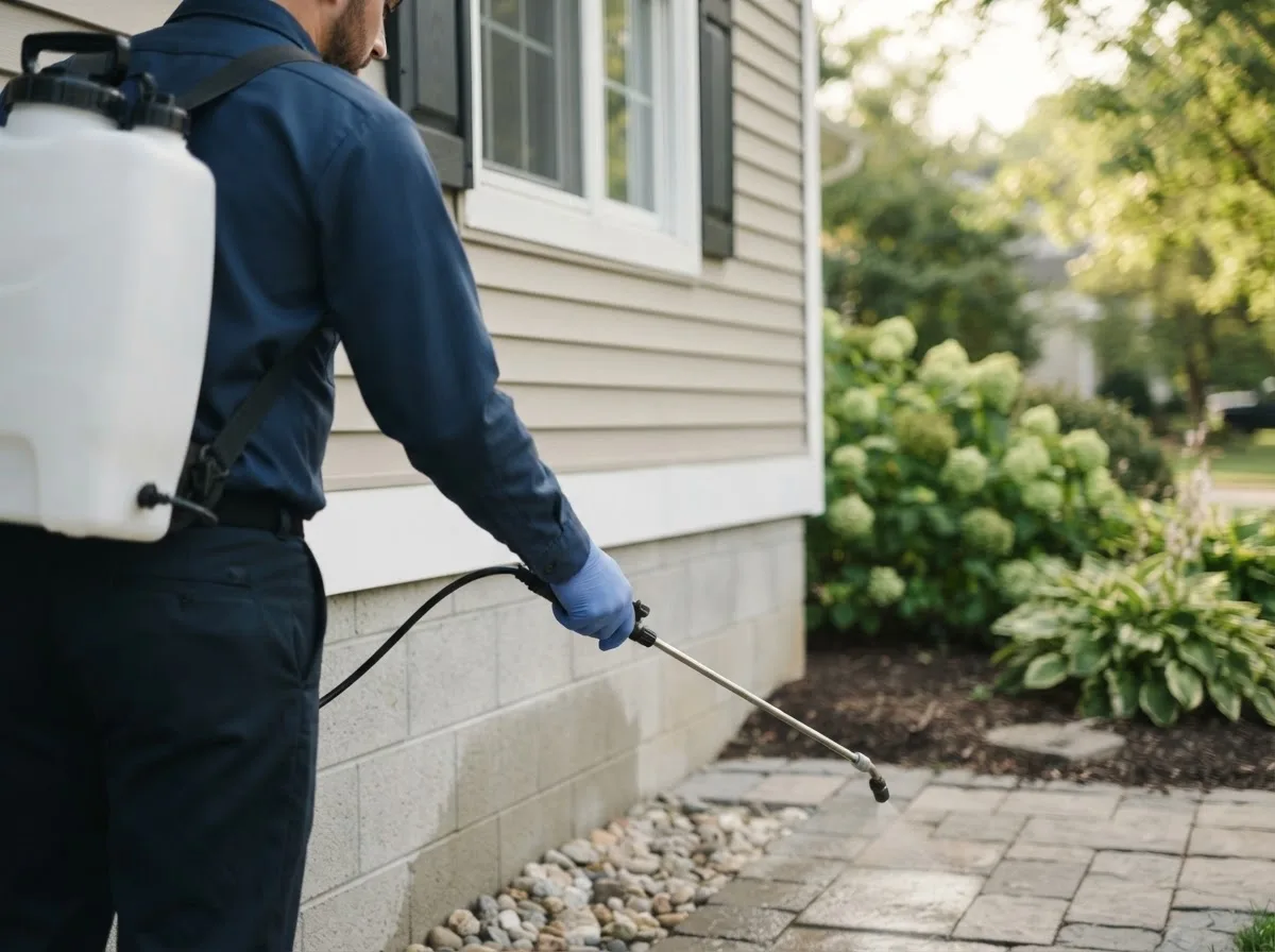 Pest control technician inspecting a home in Stark, KS
